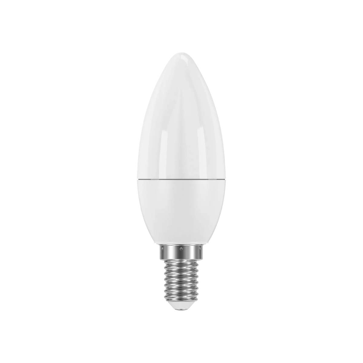 A white, conical LED light bulb with a clear base.