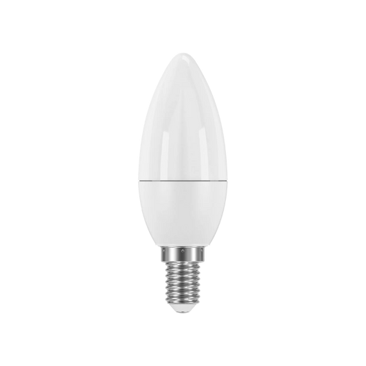 A white, conical LED light bulb with a clear base.