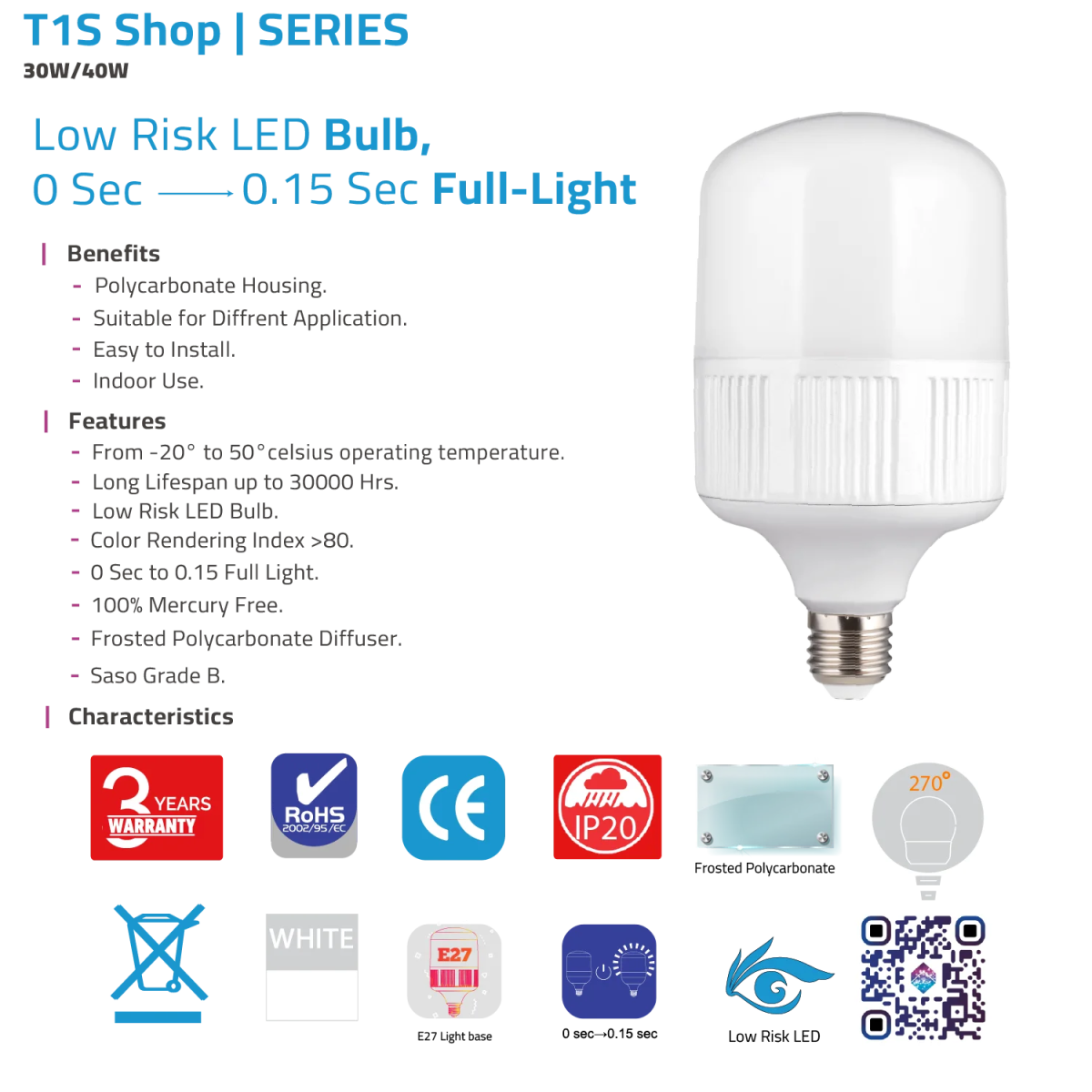 LED LIGHT BULB E27 (T1S Shop) – Instant Full-Light, High Efficiency