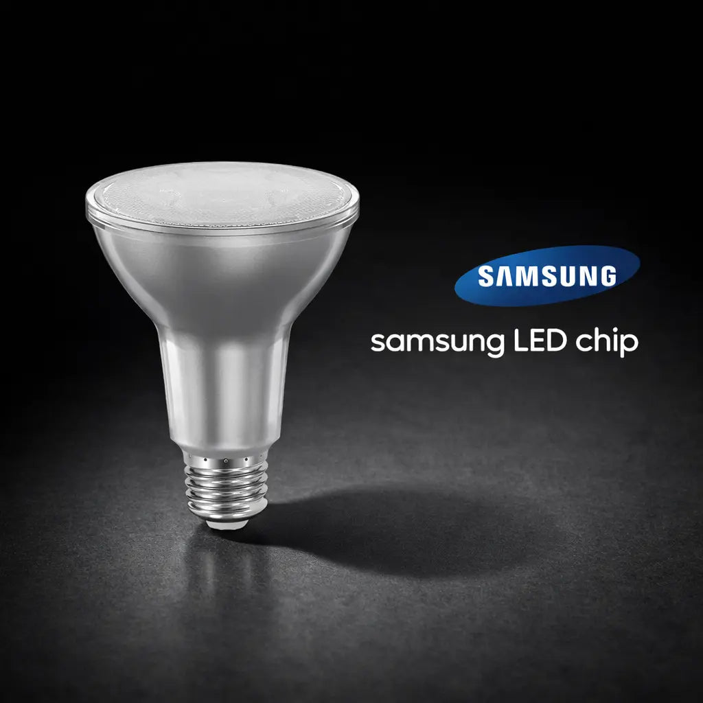 Samsung LED light bulb on a dark background with Samsung logo and text.