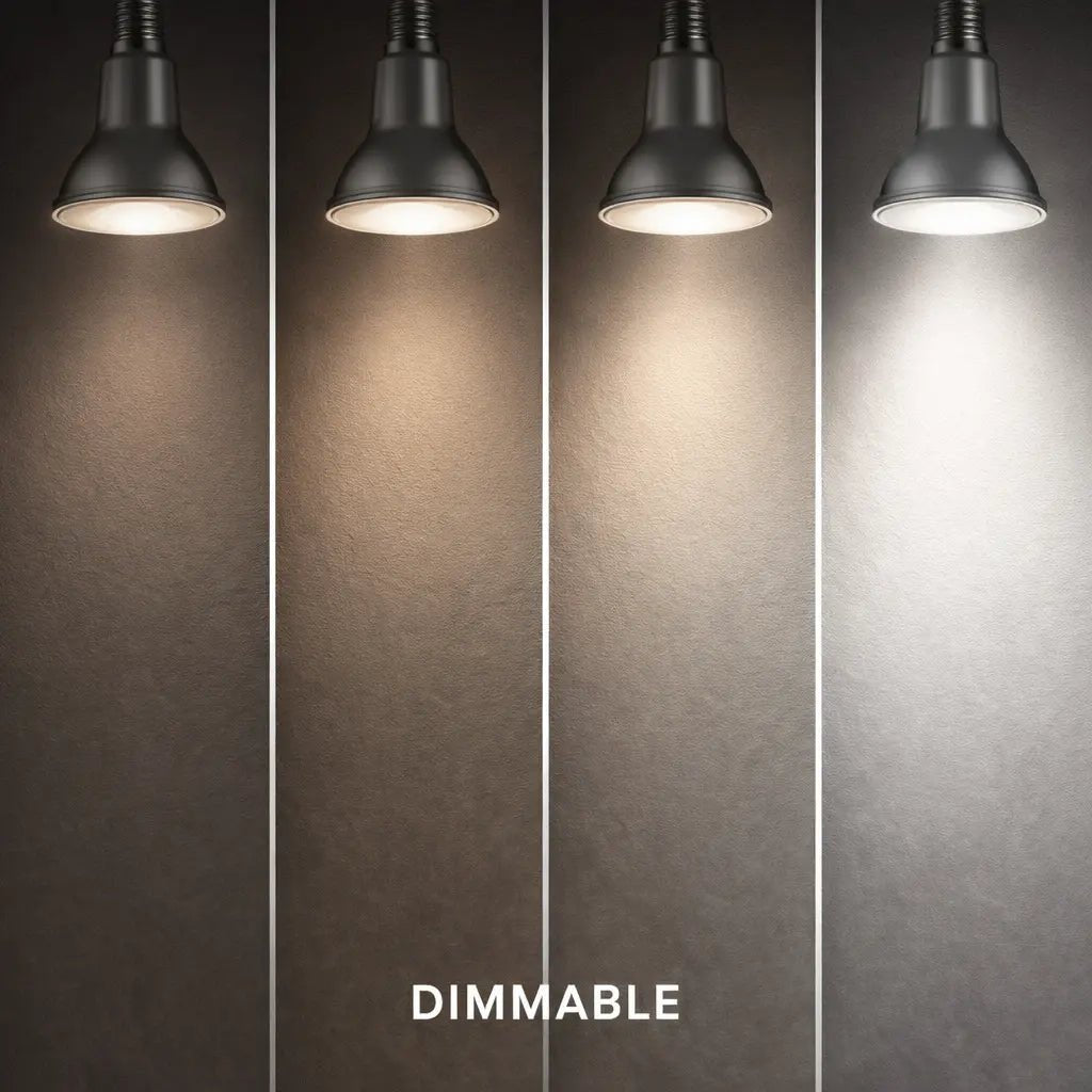 Four different lighting effects of a dimmable light bulb on a dark background.