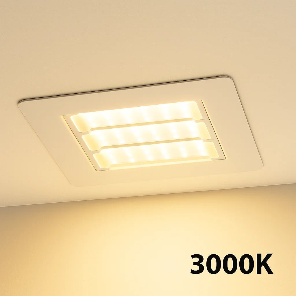 Square recessed ceiling light emitting a warm white light with '3000K' label.