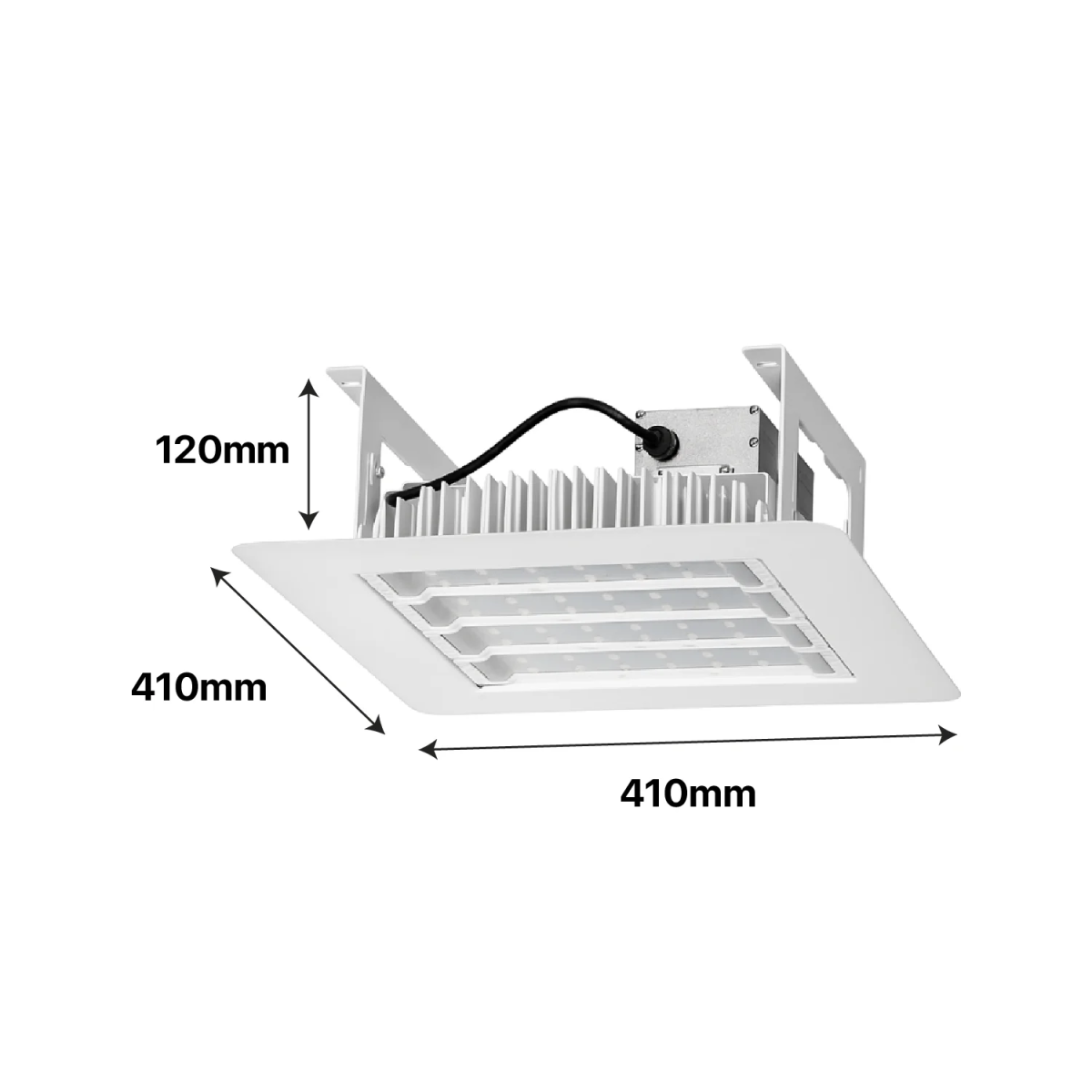 Ceiling-mounted air conditioning unit with dimensions labeled on a white background