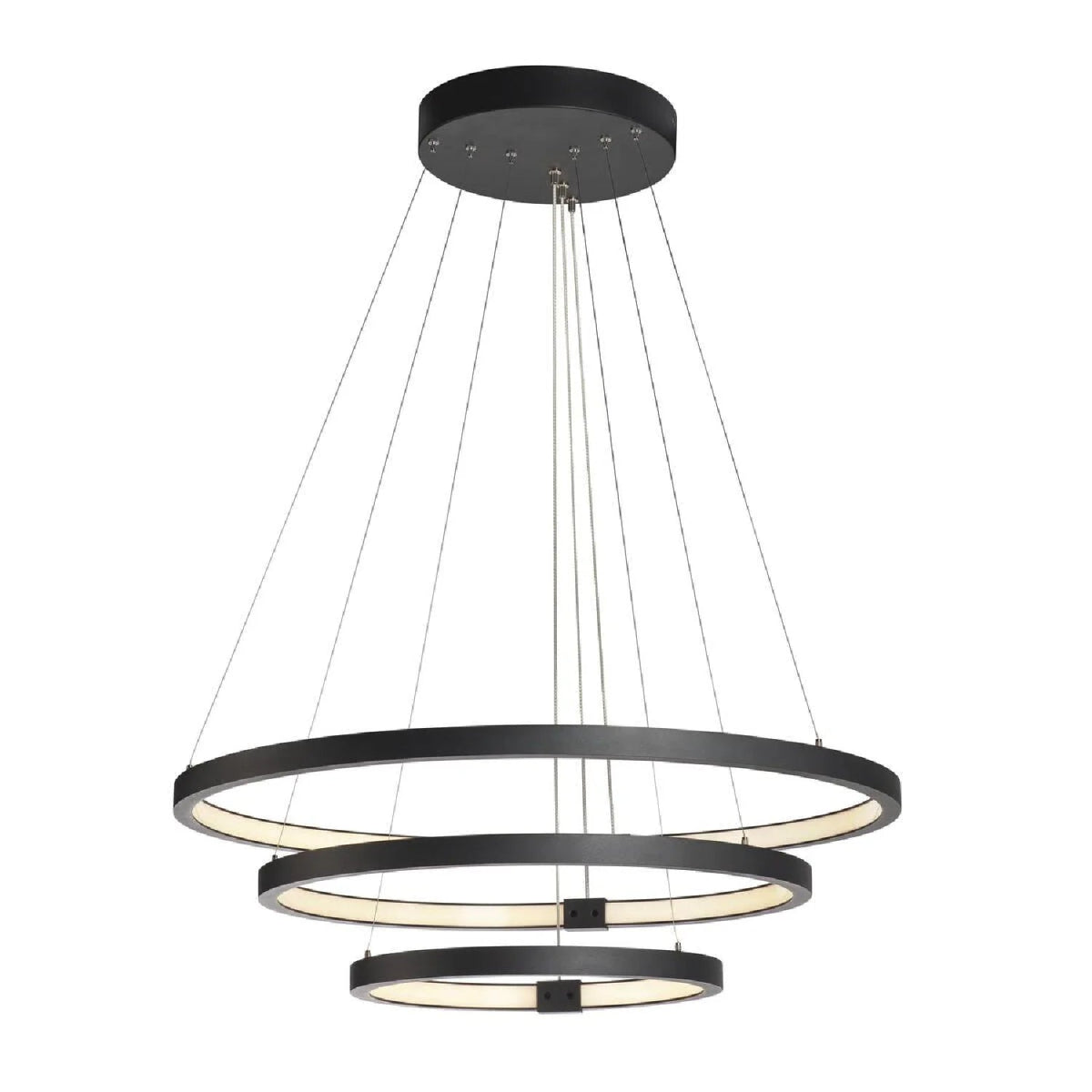 Black pendant light with multiple circular rings on a white background