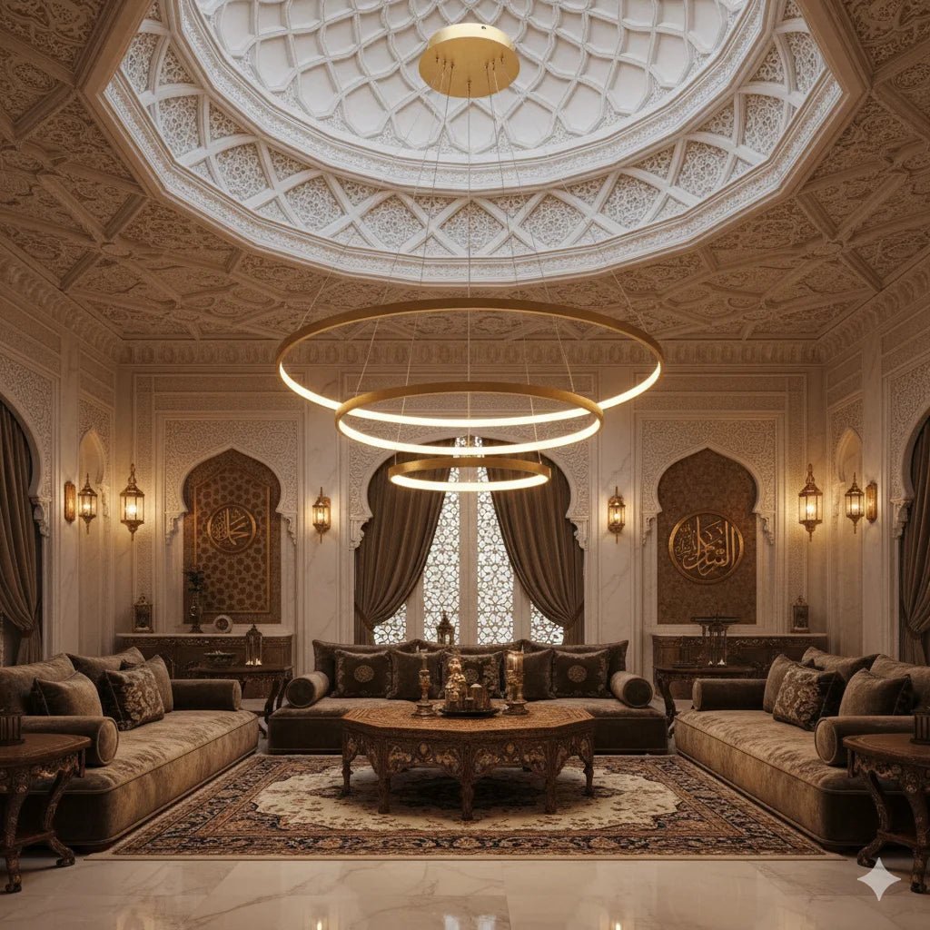 Luxurious living room with ornate ceiling and decorative elements