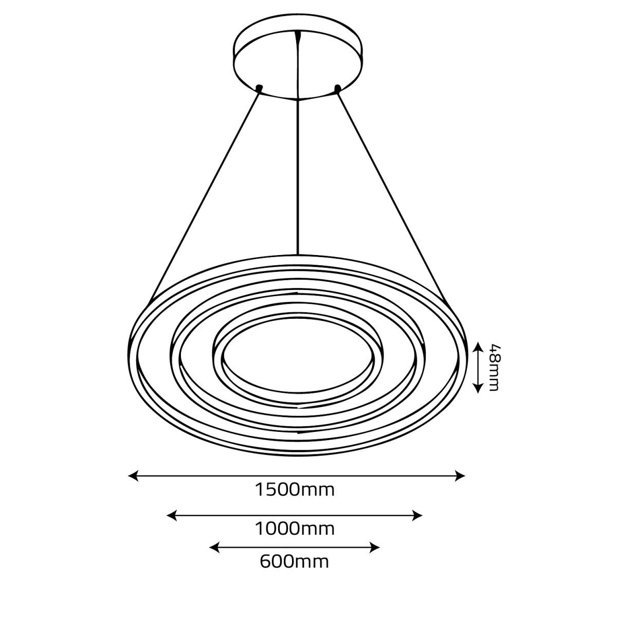 Technical drawing of a pendant light fixture with dimensions