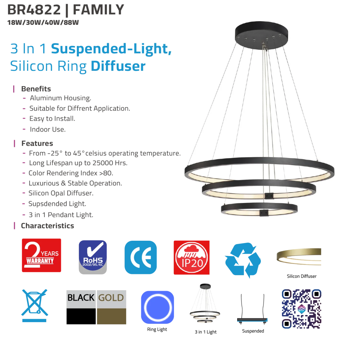 3-in-1 suspended light with silicon ring diffuser on a white background