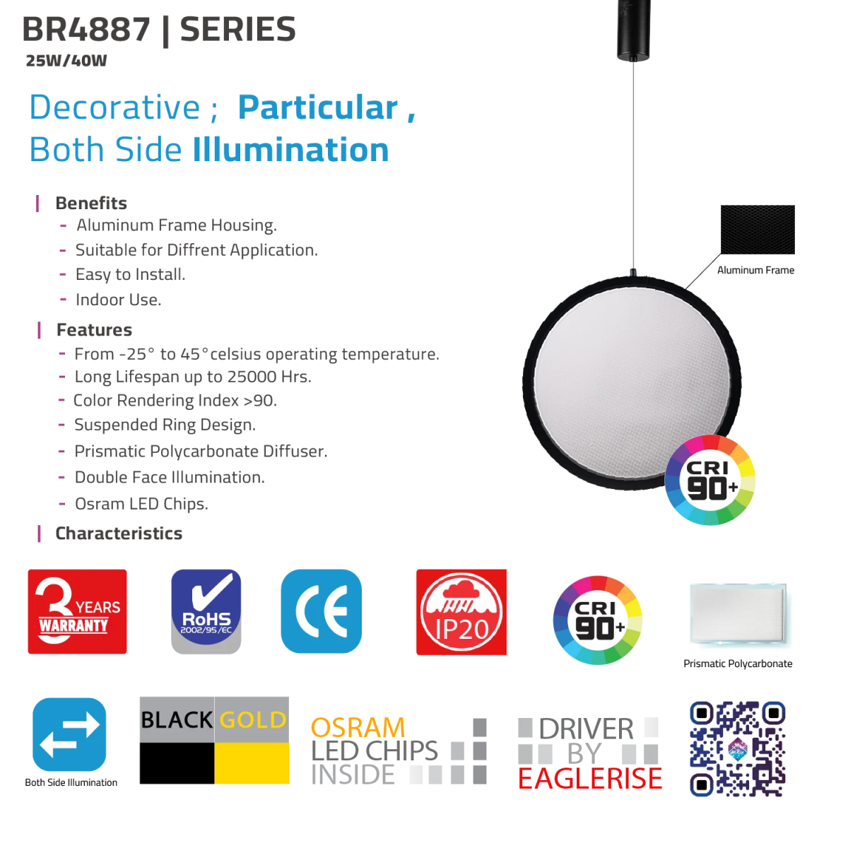 Product details of a light fixture with features and specifications on a white background