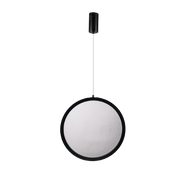 Round mirror with black frame and pendant on a white background