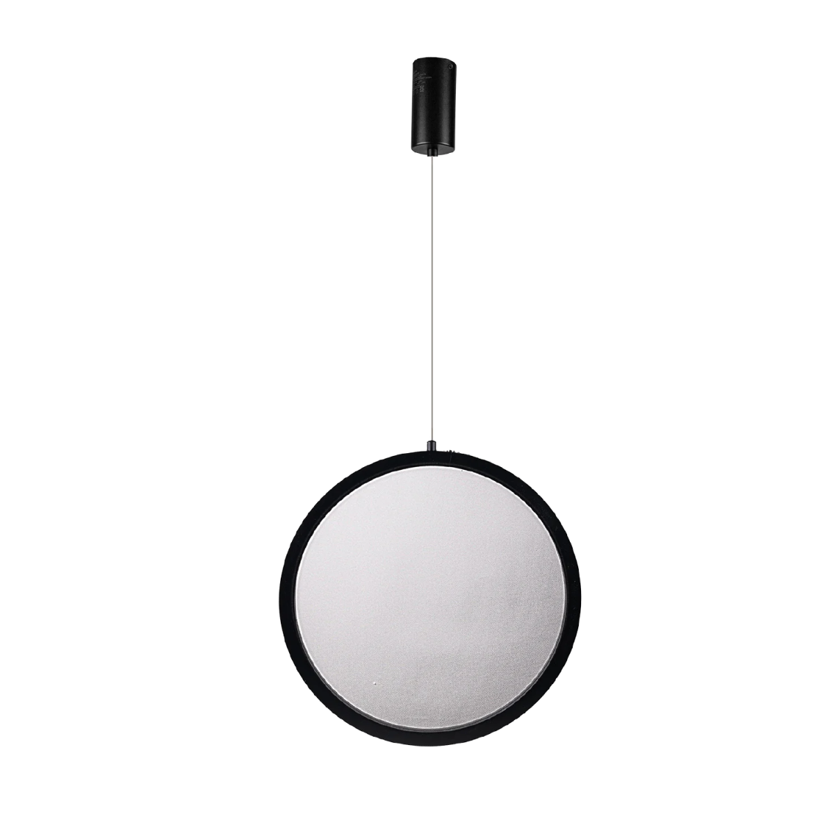 Round mirror with black frame and pendant on a white background