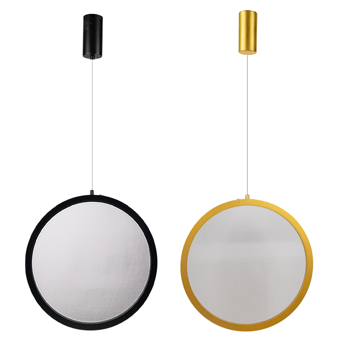 Two round mirrors, one black and one gold, on a white background