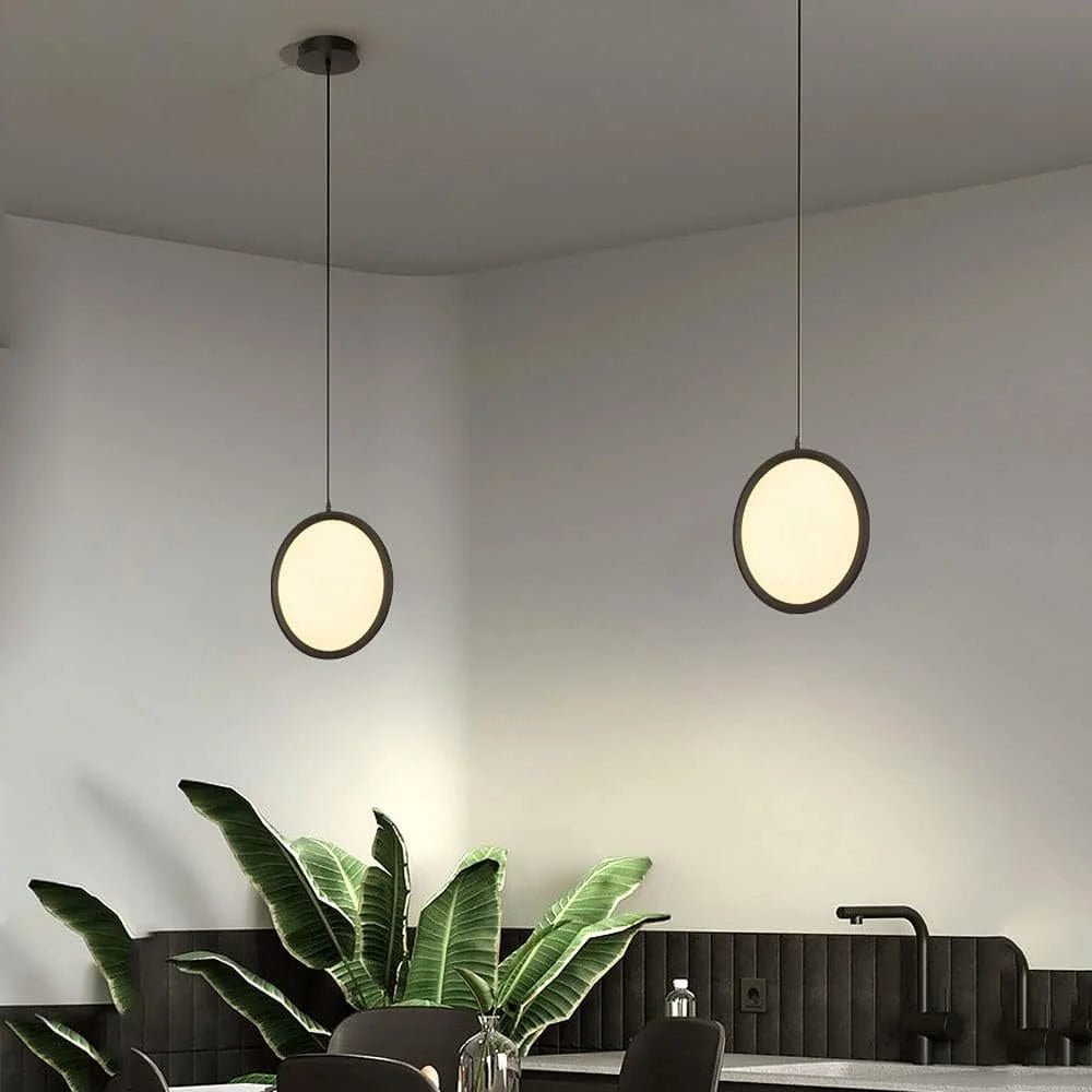 Two round pendant lights hanging above a dining area with plants and chairs.