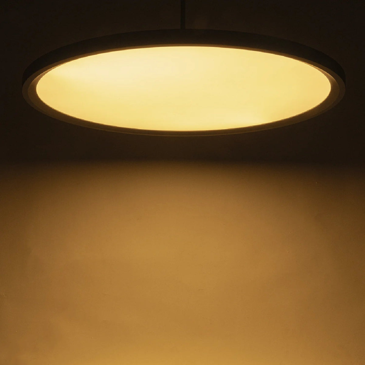 Round ceiling light fixture emitting a warm glow on a dark background