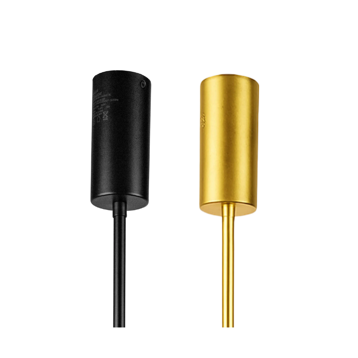 Black and gold cylindrical objects on a white background