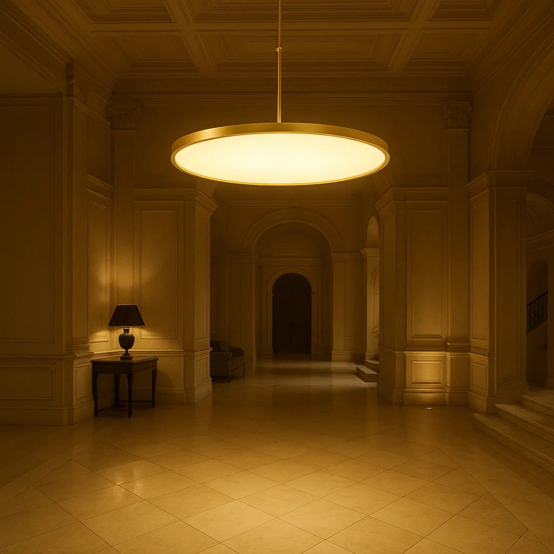 Luxurious hallway with a large illuminated chandelier casting a warm glow.