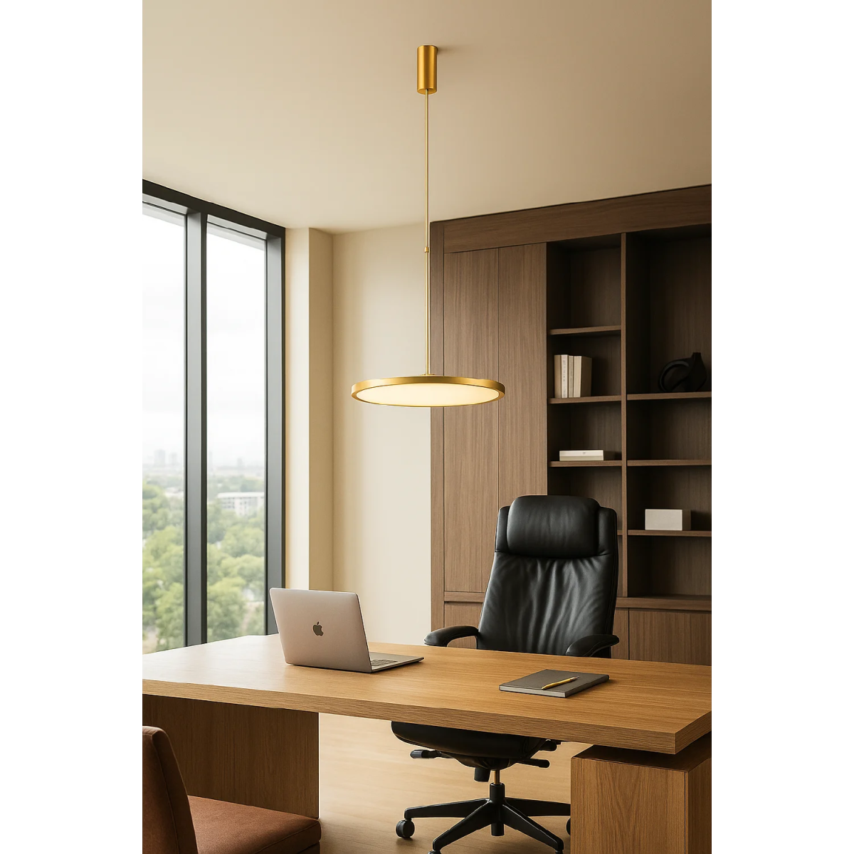 Modern office desk with a laptop, chair, and bookshelf.
