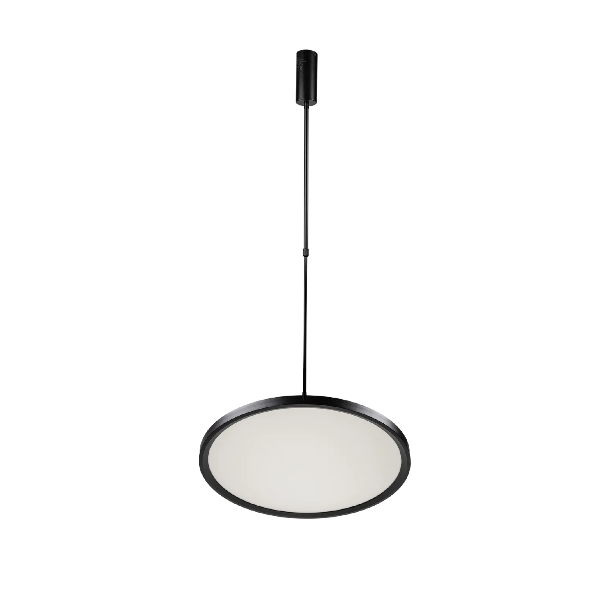 Black pendant light with white shade on a white background