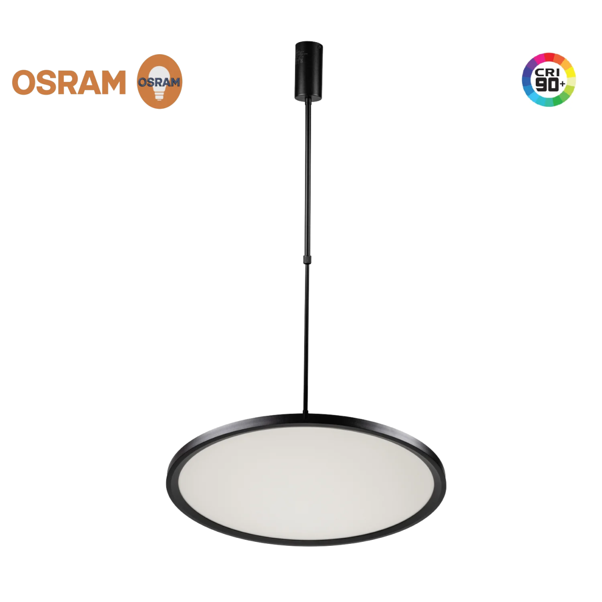 Black pendant light with Osram logo on a white background