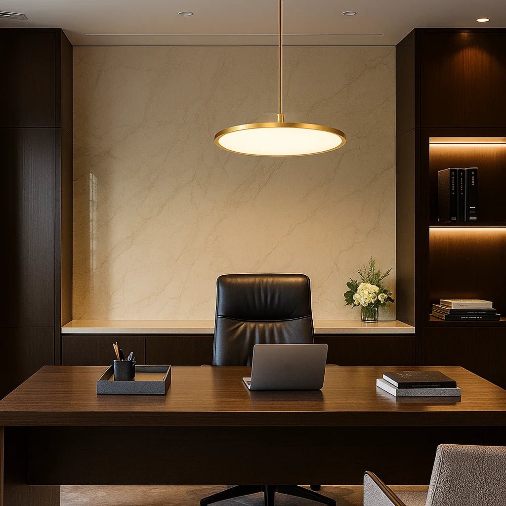 Modern office desk with a laptop, books, and a vase of flowers in a well-lit room.