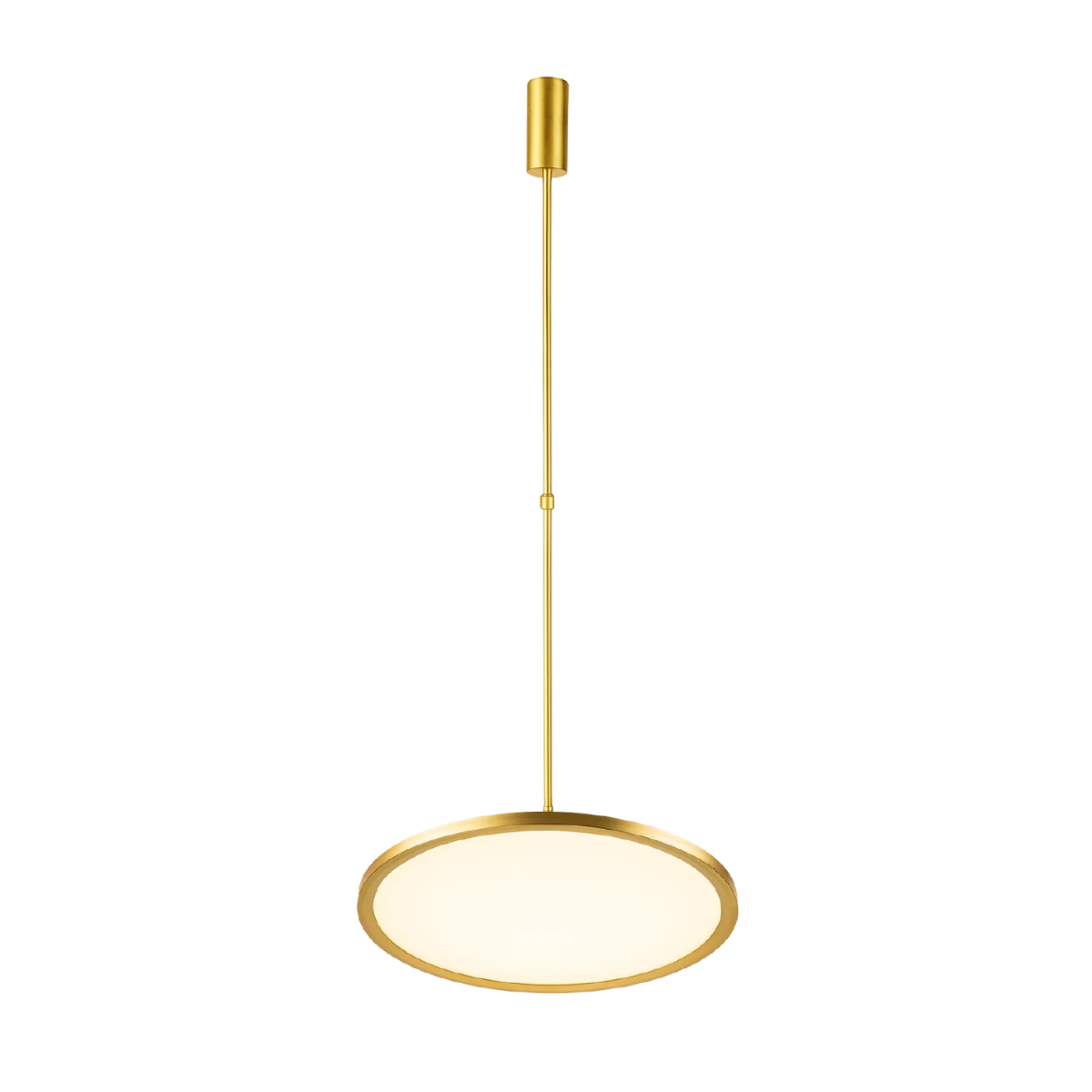 Gold pendant light with a white shade on a white background