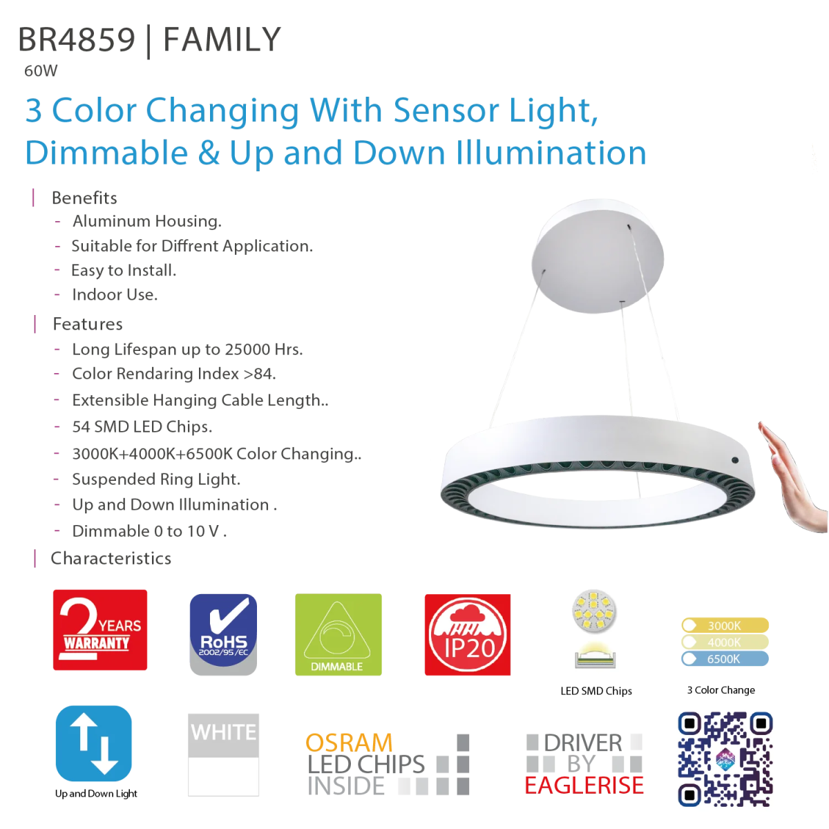 LED Pendant Light with Sensor - Dimmable & Up and Down illumination (BR4859)