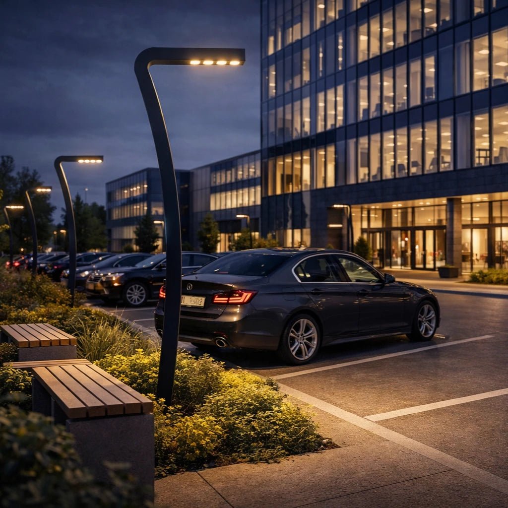Car parked in a parking lot with a modern building in the background at night.