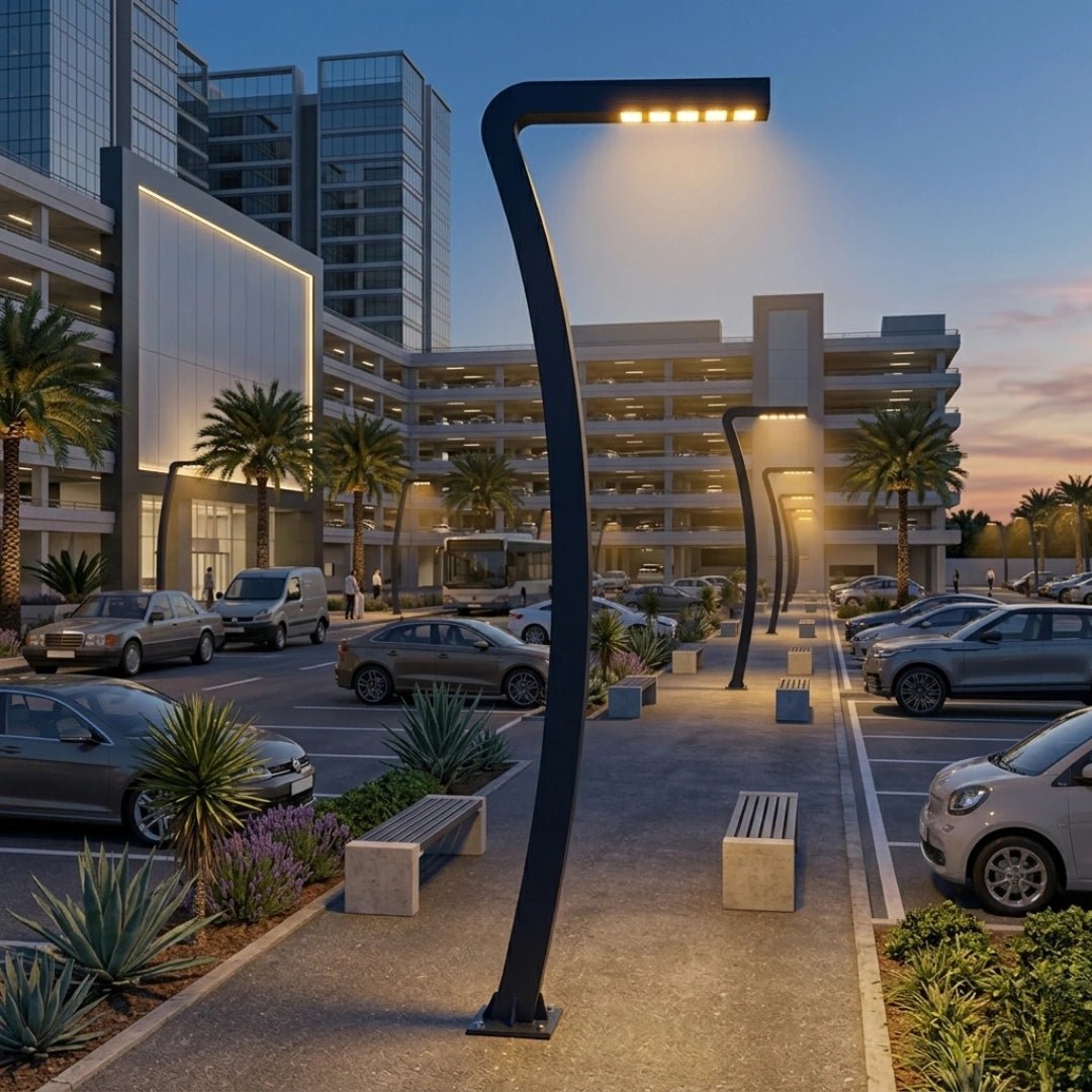 Modern street lamp in a parking lot with buildings and cars in the background