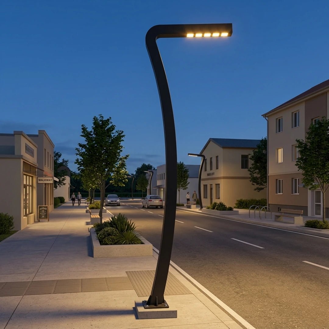 Modern street lamp on a city street at night with buildings and trees in the background.