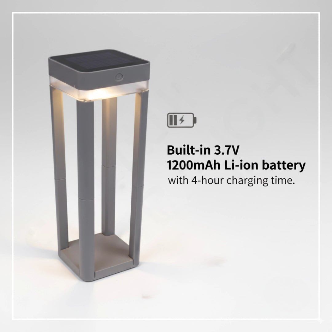 Solar-powered outdoor lamp with battery information on a gray background