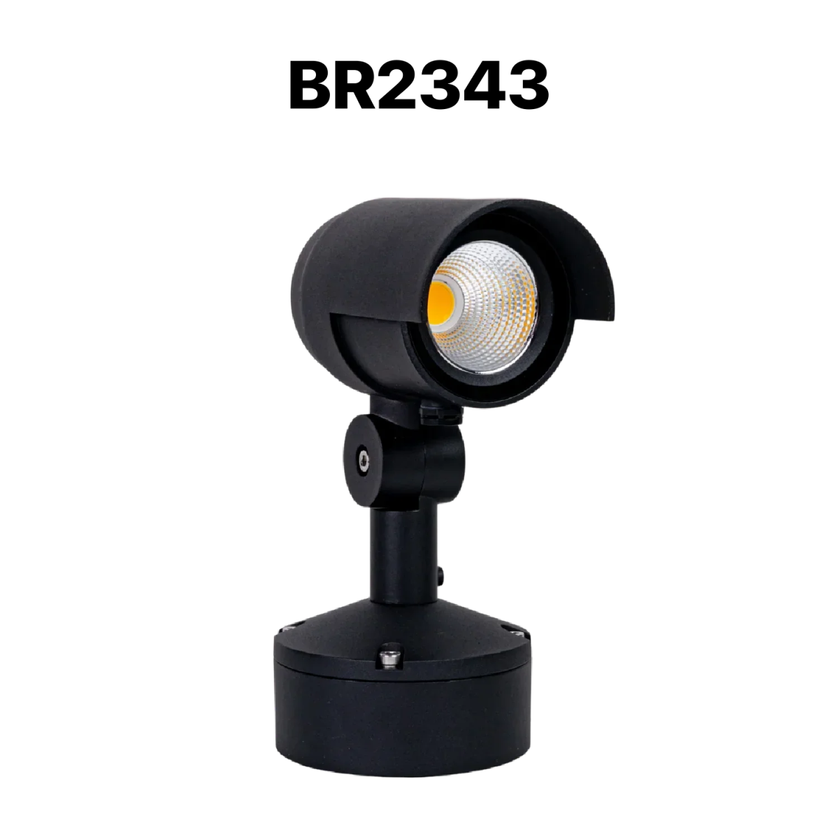 Black outdoor spotlight with a white light on a white background, labeled BR2343.