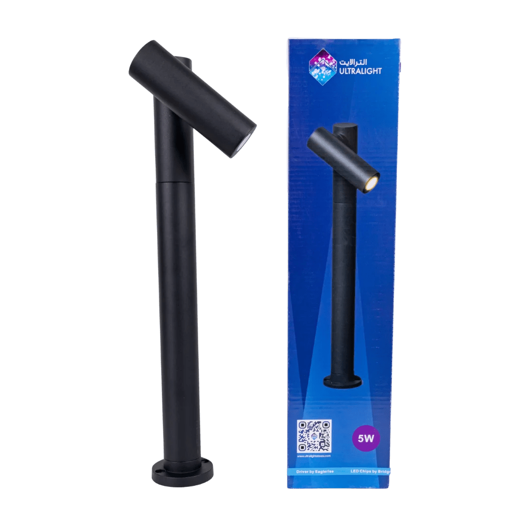 Black outdoor light fixture with blue packaging on a white background