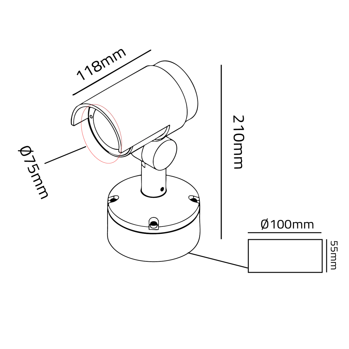 Technical drawing of a cylindrical light fixture with dimensions labeled