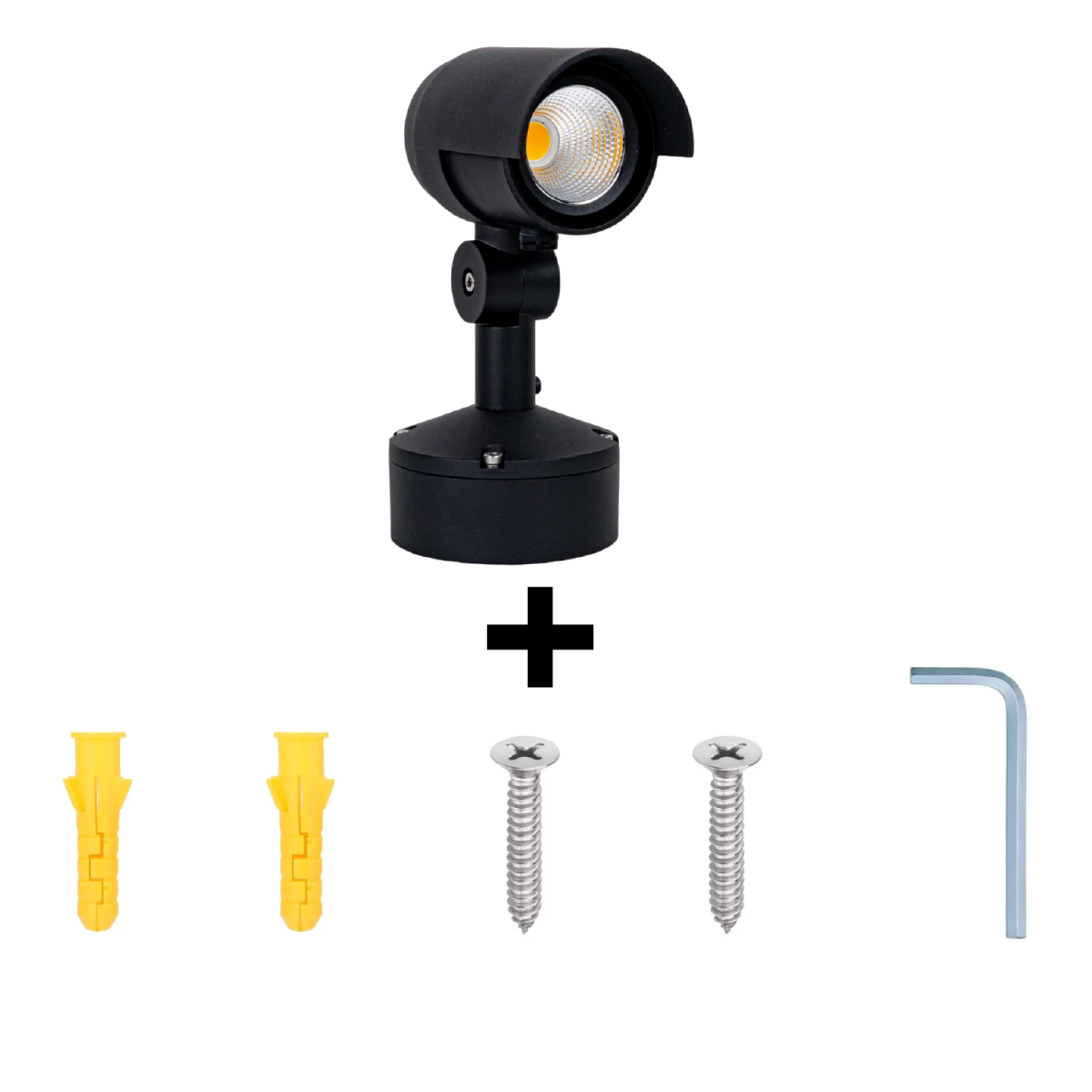 Black outdoor spotlight with mounting hardware on a white background