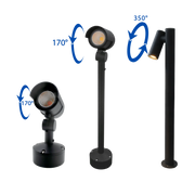 Black outdoor spotlights with adjustable angles on a white background