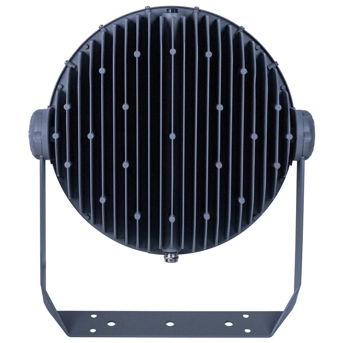 Round industrial light fixture with a black metal grill on a white background