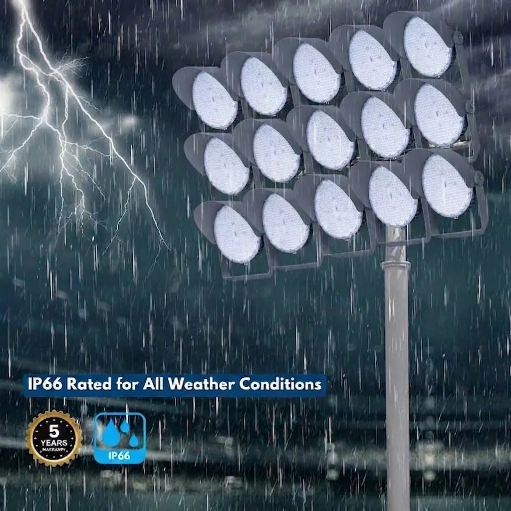 Street light with lightning and rain, IP66 rating text displayed