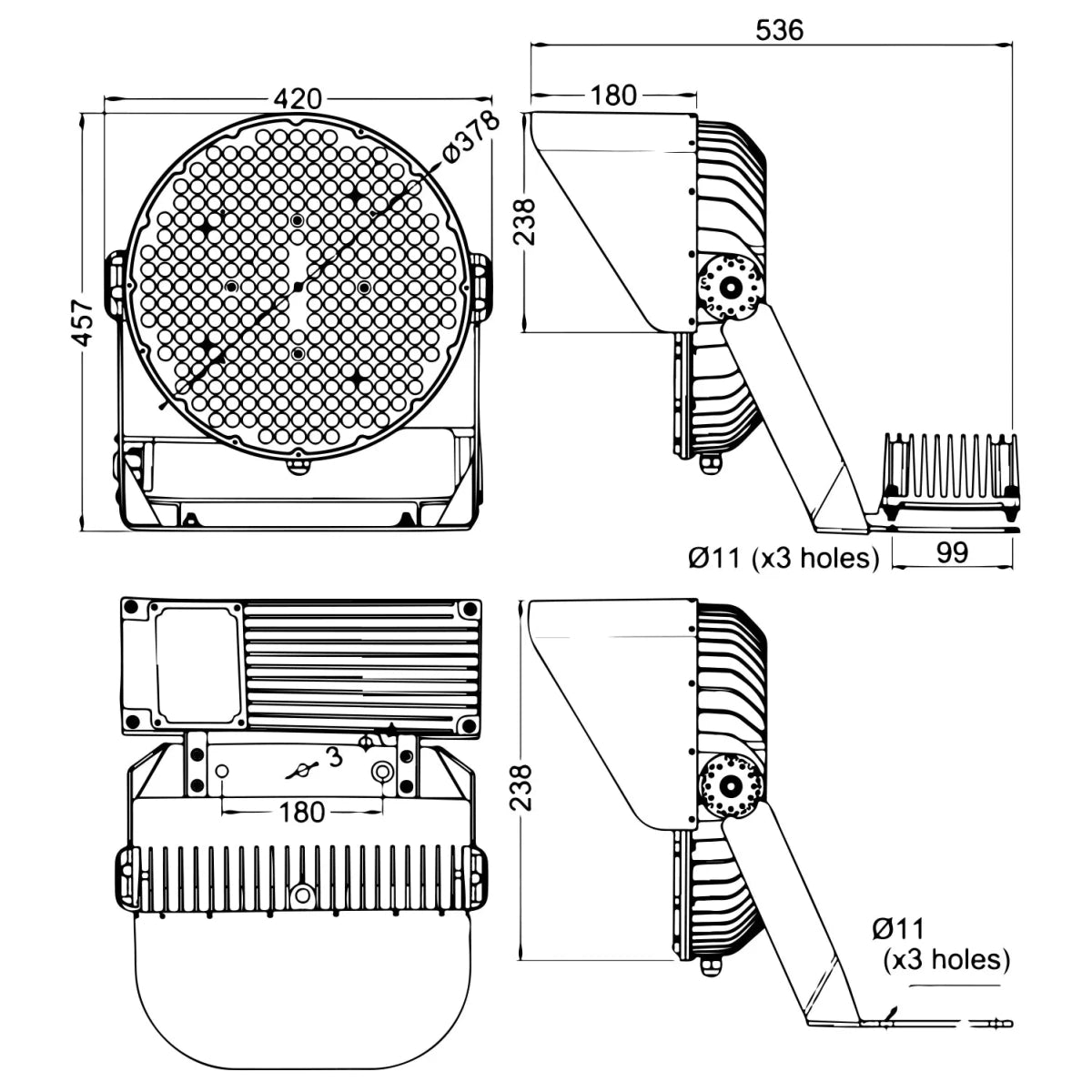 Technical drawing of a light fixture with dimensions and details