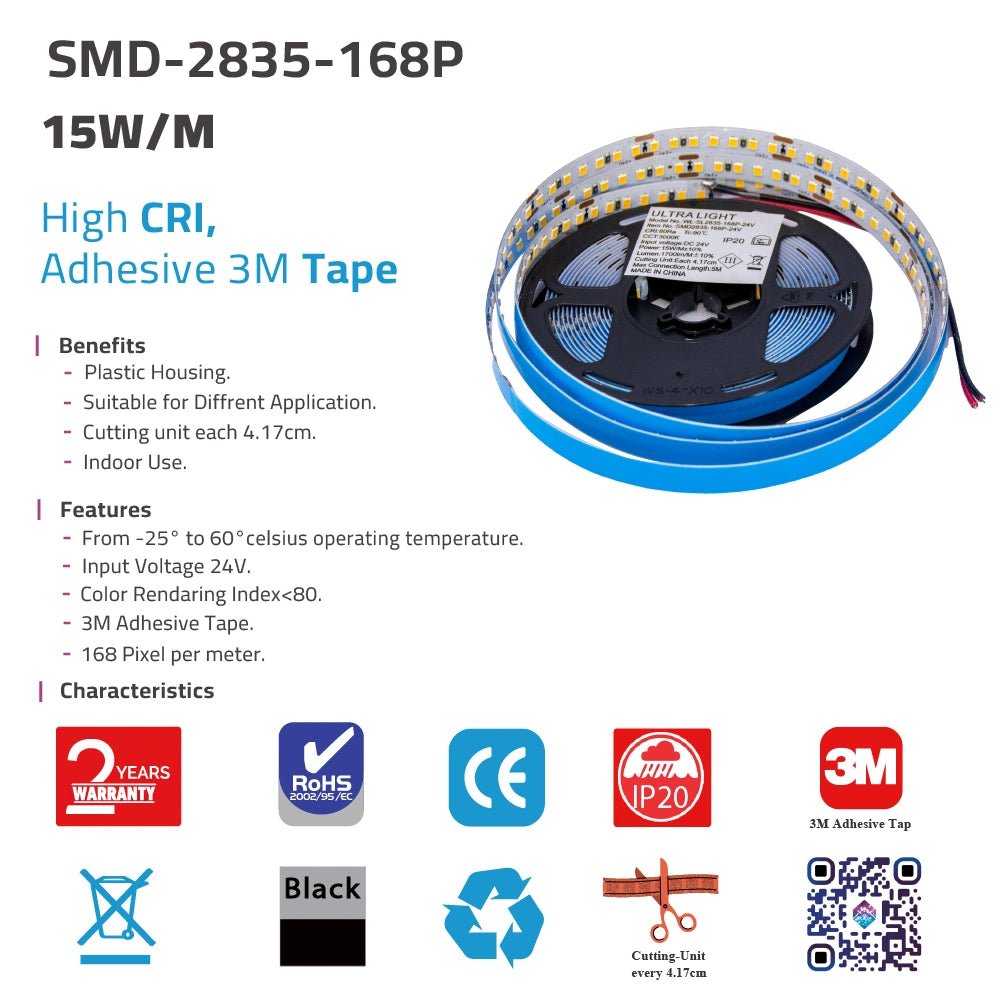 LED Strip Light 24V 15W/M - 3M adhesive backing (SMD2835-168P)
