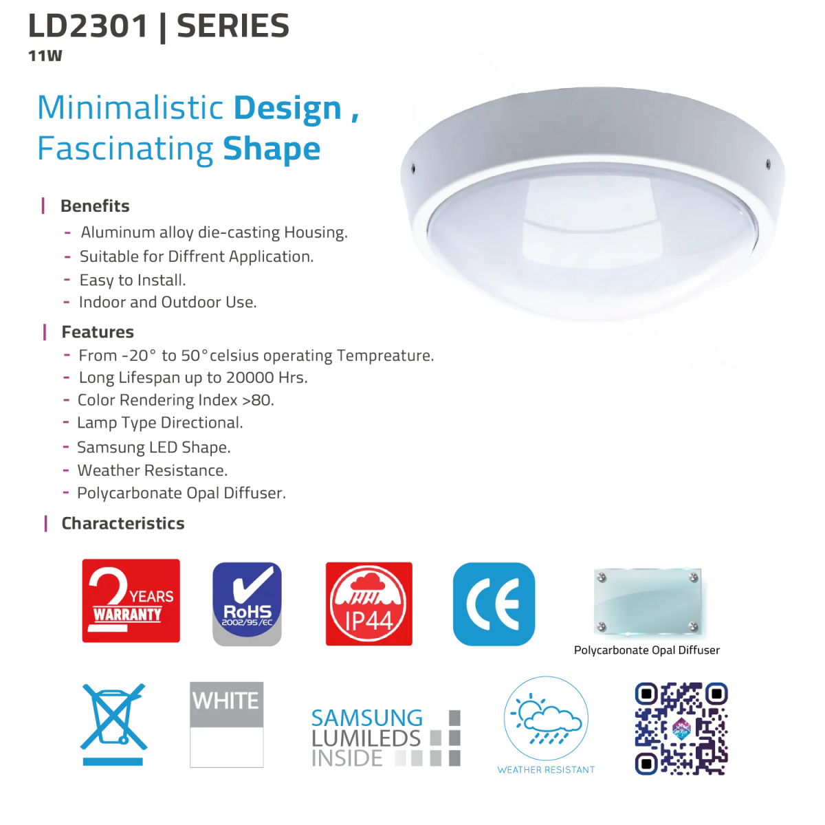 Ceiling light fixture with specifications and features on a white background