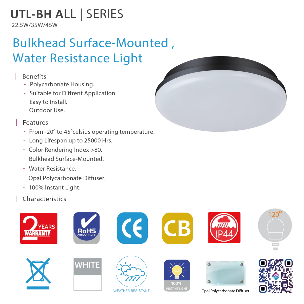 مصباح ليد مقاوم للماء مثبت على السطح – إضاءة عصرية للمساحات الداخلية والخارجية (UTL-BH)