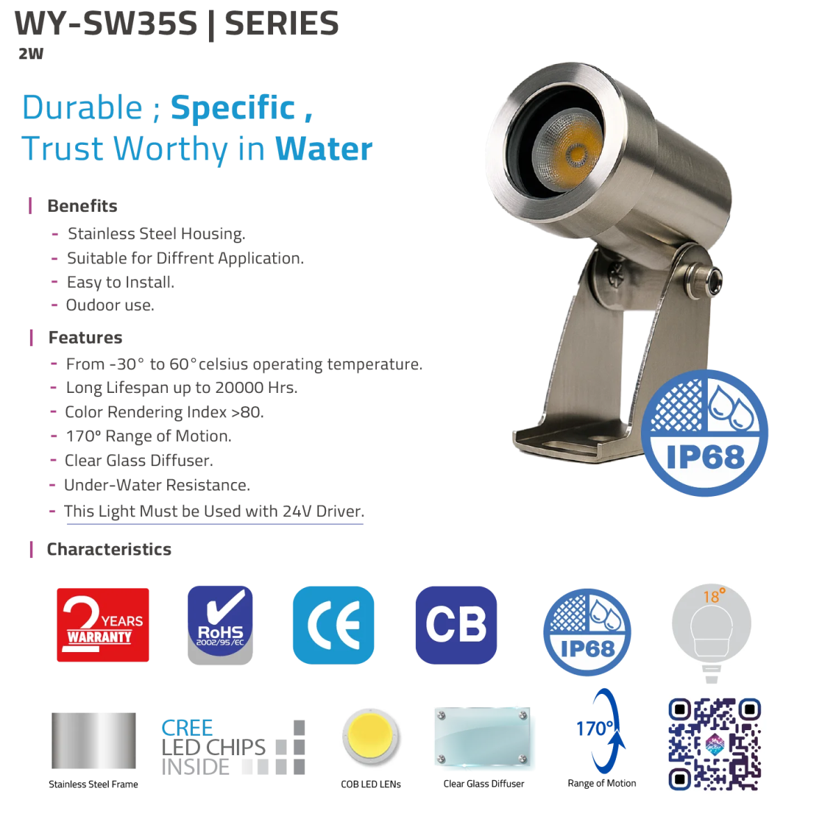 Outdoor spotlight with features and specifications on a white background