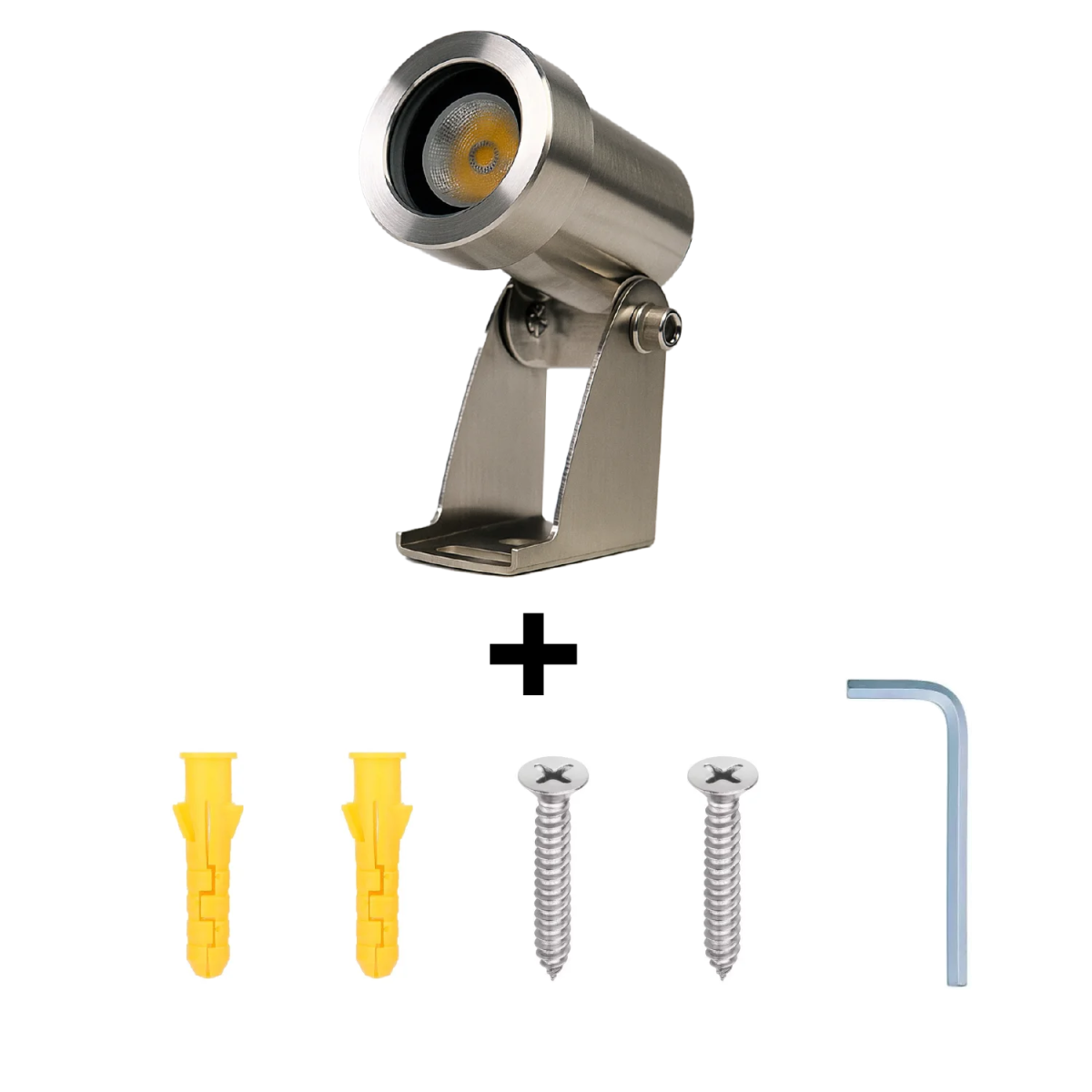 Metal spotlight with screws and drill bit on a white background