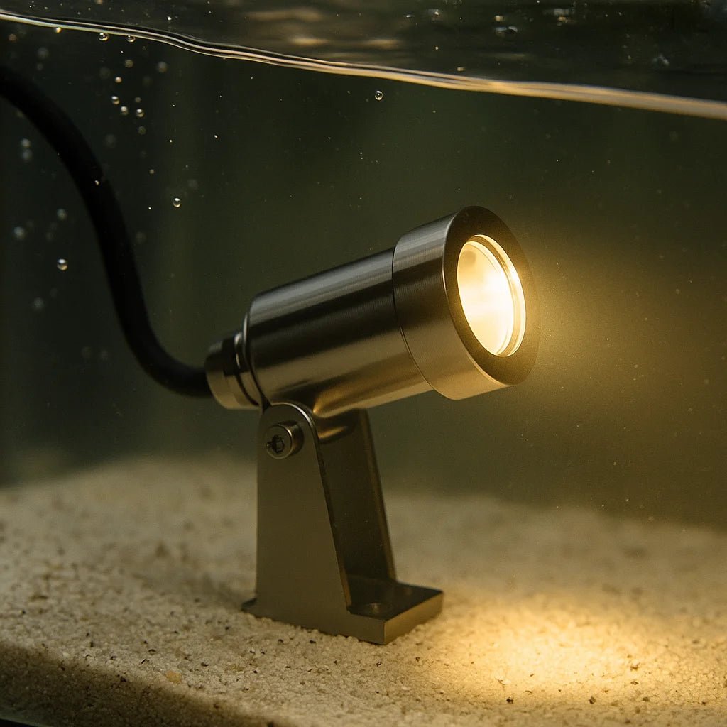 Outdoor light fixture on a concrete surface with water in the background
