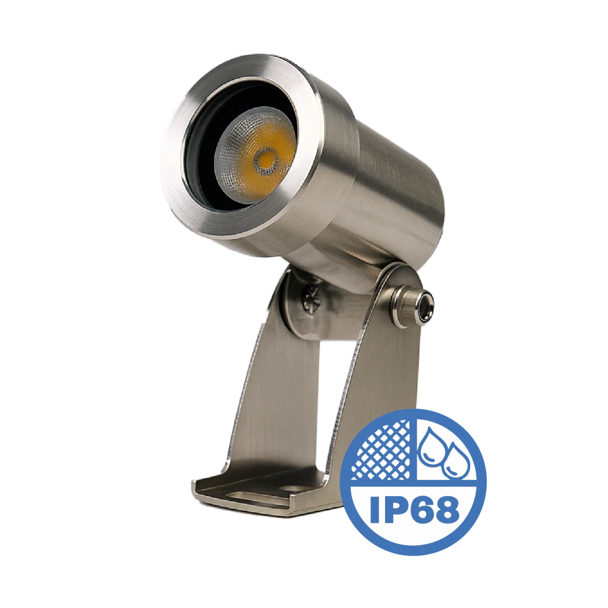 Metallic outdoor light fixture with IP68 rating on a white background