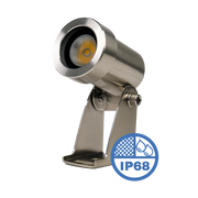 Metallic outdoor light fixture with IP68 rating on a white background