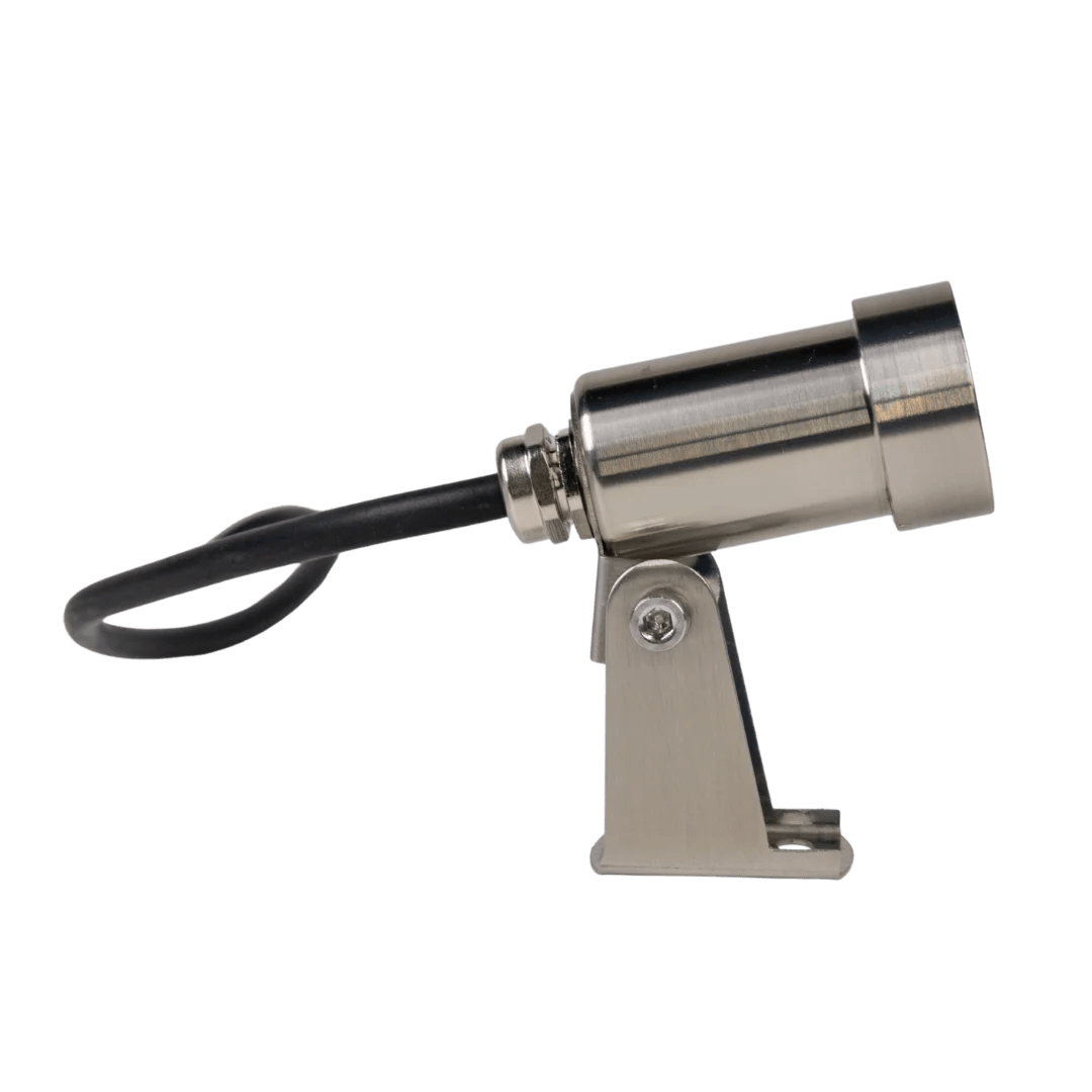 Metallic light fixture with a black cord on a white background