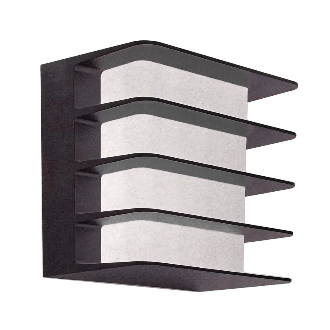 Black wall-mounted shelf with multiple levels on a white background