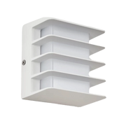 White wall-mounted light fixture with geometric design on a white background