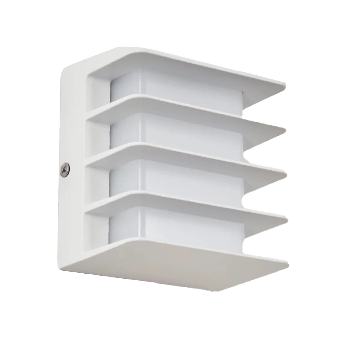 White wall-mounted light fixture with geometric design on a white background