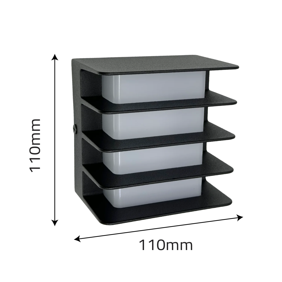 Black shelving unit with white boxes on a white background, showing dimensions.